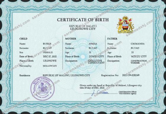 Malawi vital record birth certificate PSD template